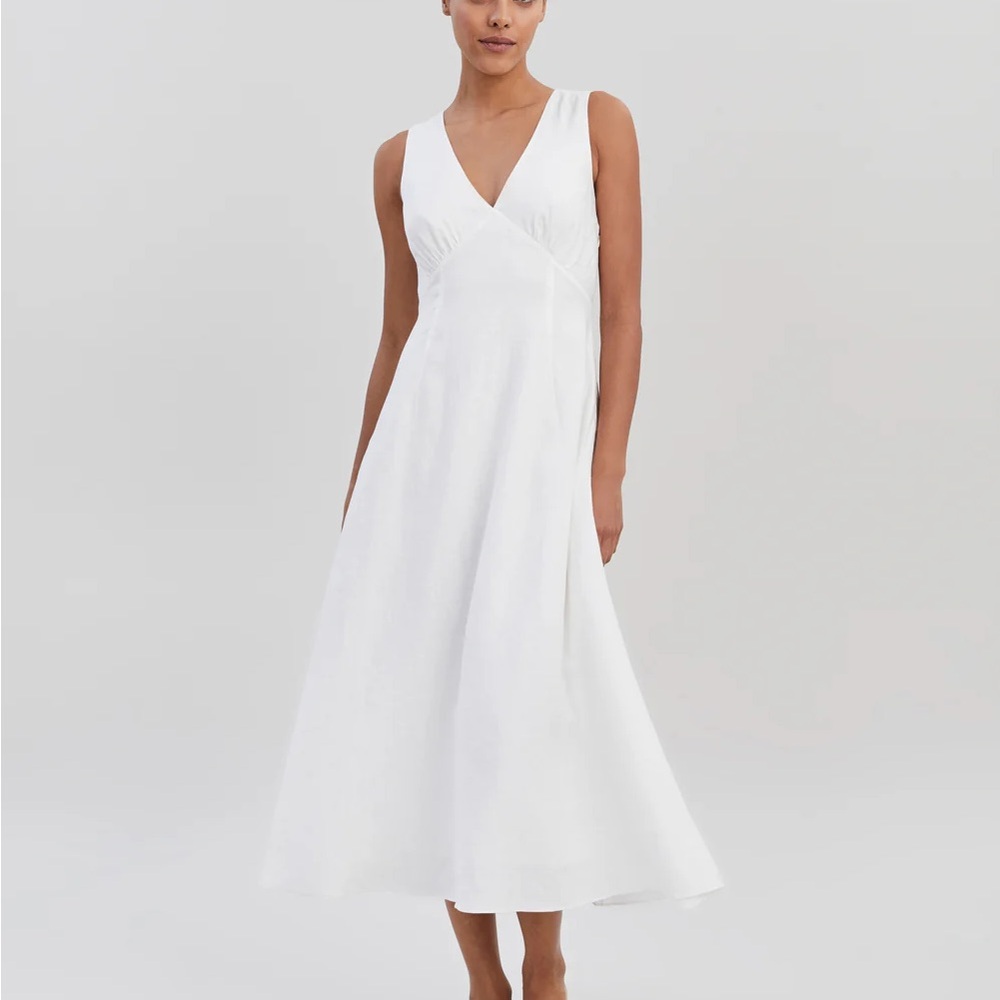 SOLID & STRIPED White A-Line Linen Midi Dress V-Neck Sleeveless